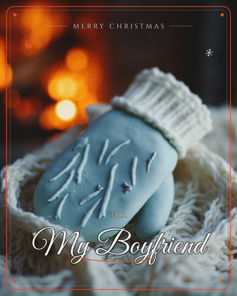 A single fondant mitten, dusty blue with a knitted cream cuff and piped frost branches across its surface, rests on a soft cable-knit blanket, a christmas e-card design
