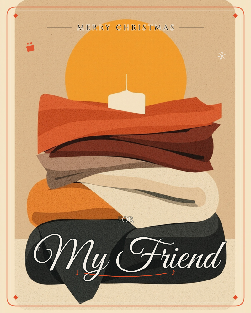 A large amber sun hangs low against a dusty pink sky, half hidden behind a tall stack of folded blankets in warm rust, burgundy, cream and charcoal tones, a christmas e-card design