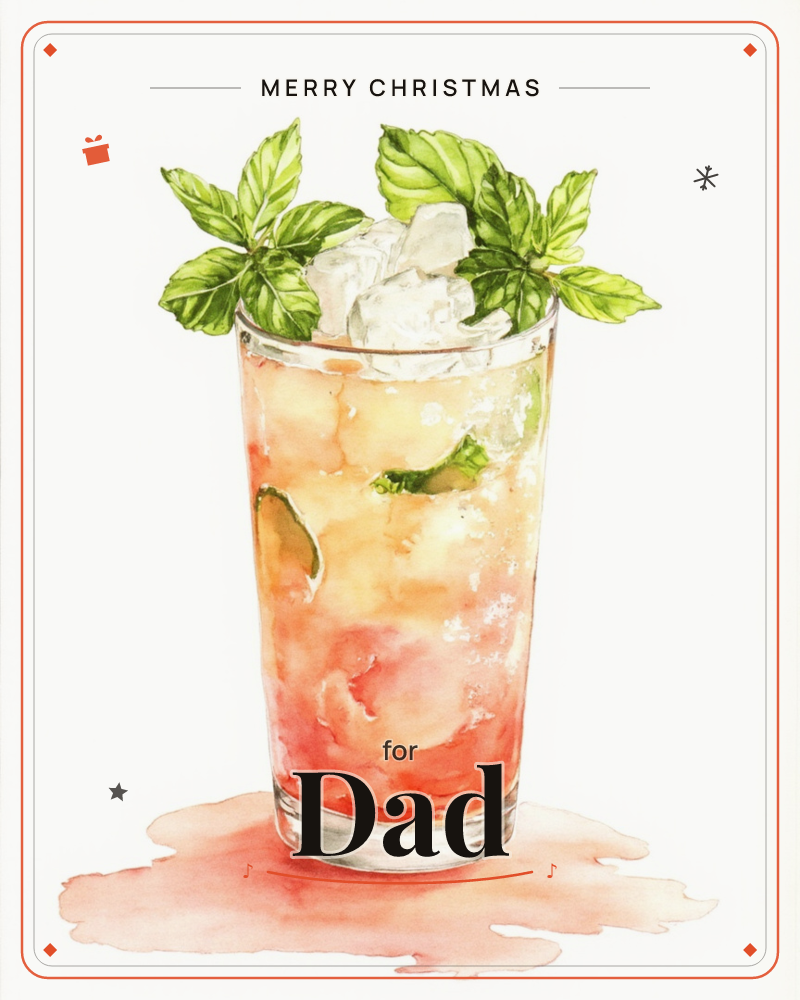 A tall glass filled with crushed ice and a peach-to-pink layered drink sits against a plain white background, topped with sprigs of fresh mint and a…, a christmas e-card design