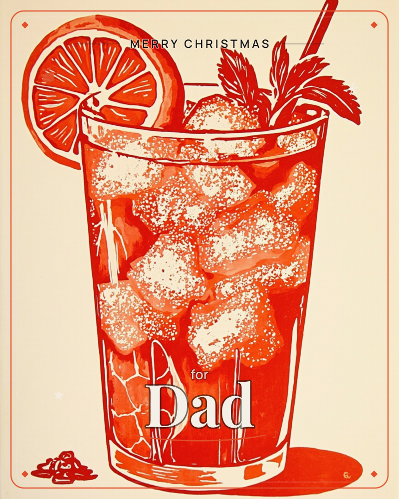 A tall glass brims with crushed ice and a deep red drink, garnished with a wheel of citrus and a sprig of fresh mint sticking up like a small bush, a christmas e-card design