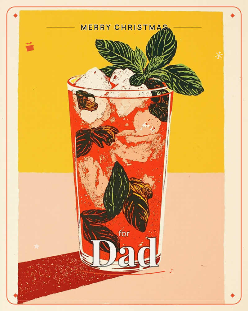 A tall glass of a red iced drink sits against a bold split background of mustard yellow and pale peach, a sprig of mint leaning out over the rim, a christmas e-card design