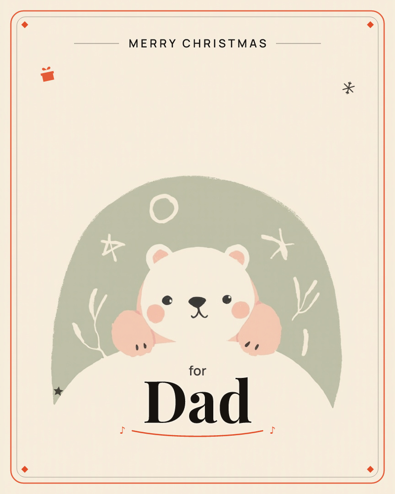 A round-faced bear peeks over a soft mound, paws resting on top, set against a sage-green dome dotted with simple star and branch shapes, a christmas e-card design