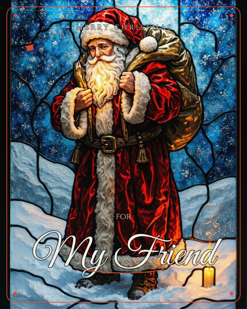 Rendered like a stained-glass window, Santa stands in deep red velvet trimmed with white fur, a heavy sack slung over one shoulder, against a swirling…, a christmas e-card design