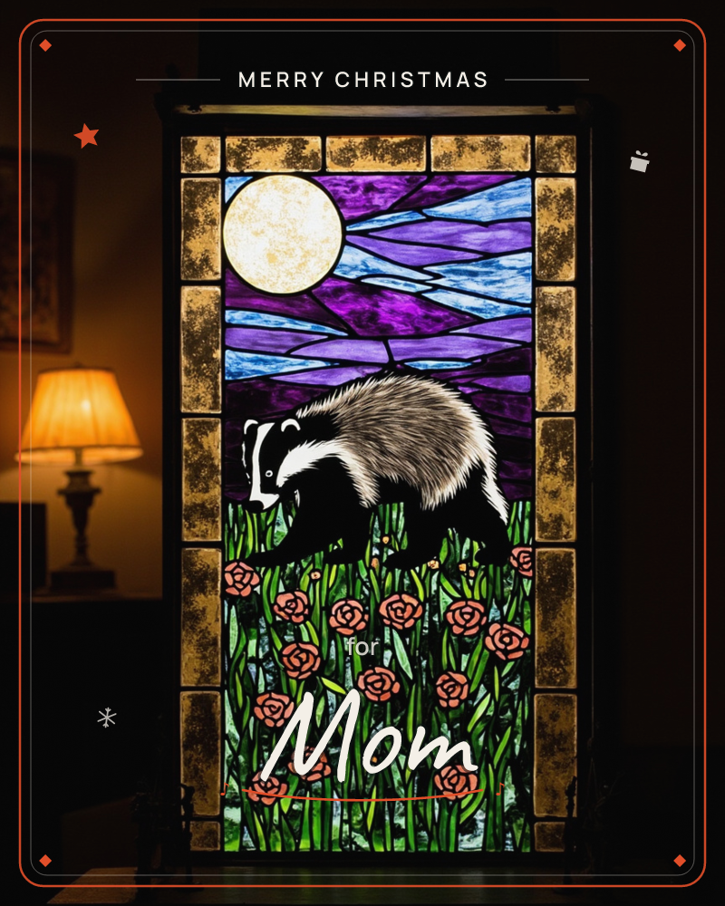 A stained-glass style panel glows from within, showing a badger walking through a field of pink flowers beneath a full moon and a sky of jagged purple…, a christmas e-card design