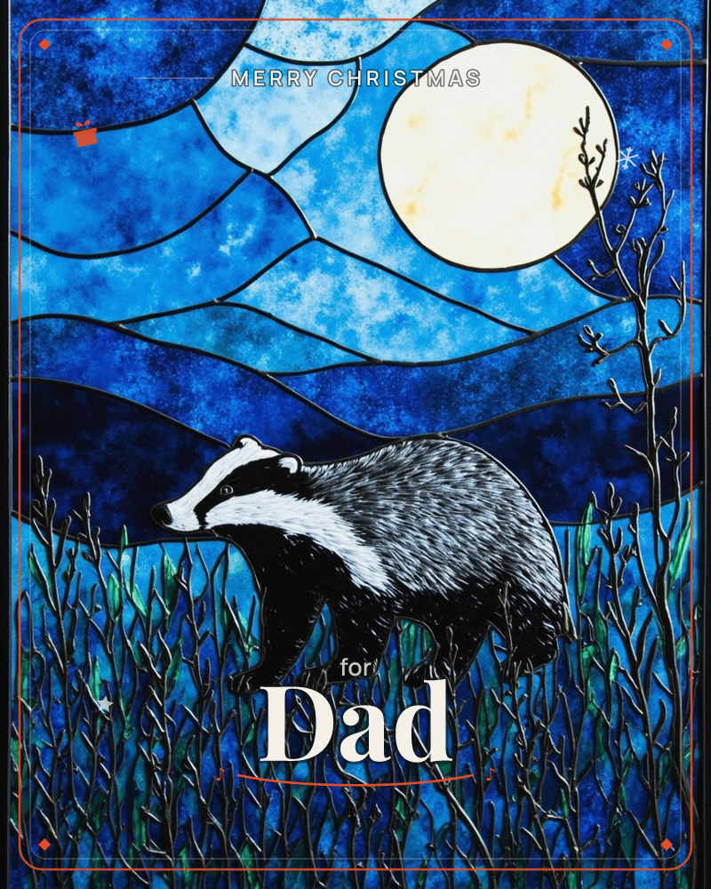 A stained-glass style panel shows a badger padding through tall grass beneath a huge pale moon, its black leadlines dividing rolling night hills and a…, a christmas e-card design