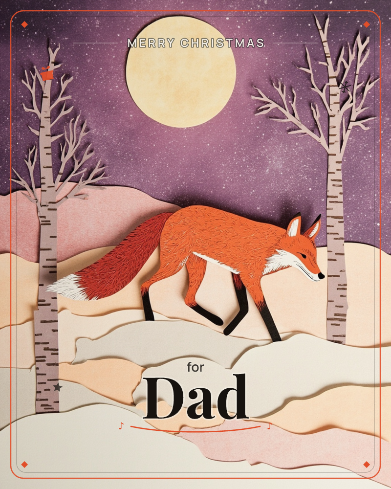 A layered paper-cut fox trots across snowy drifts between two bare birch trees, under a large pale moon set against a deep plum, star-flecked sky, a christmas e-card design