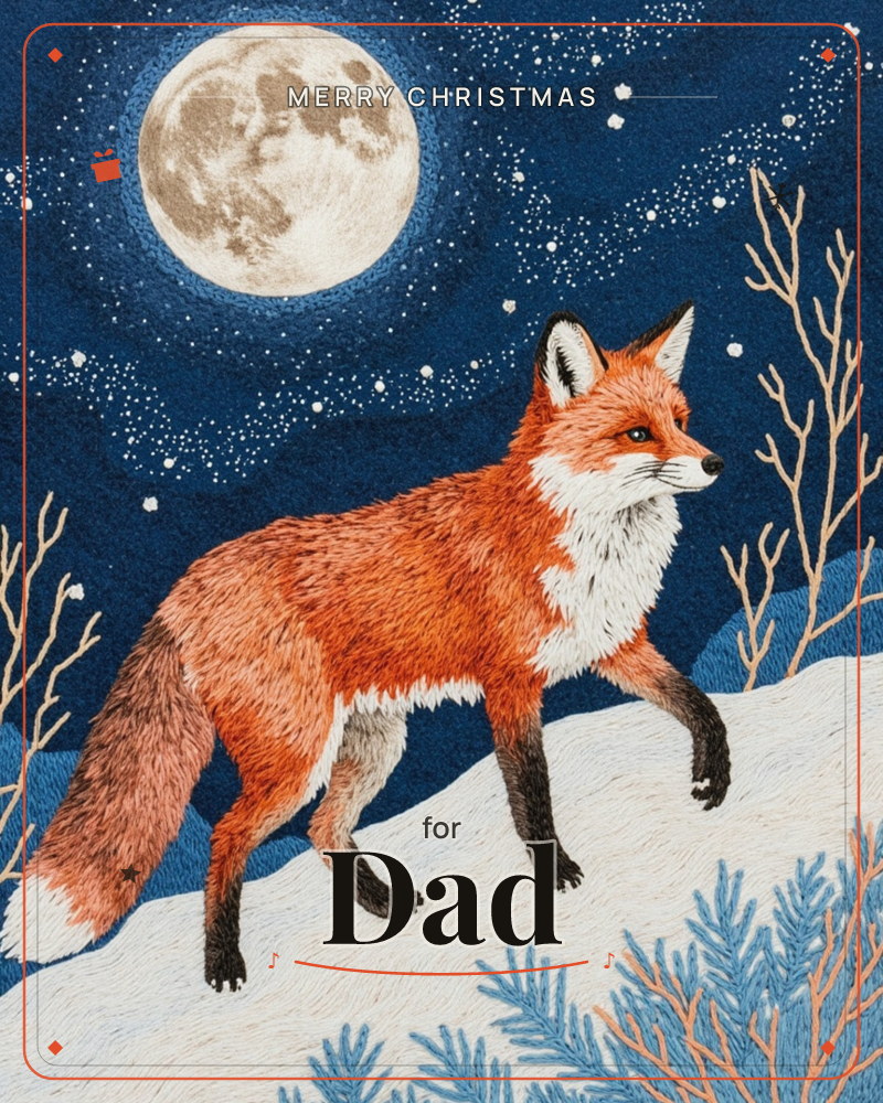 A red fox walks along a snowy ridge beneath a full moon and a star-scattered night sky, its fur rendered in dense textured strokes that mimic embroidery, a christmas e-card design