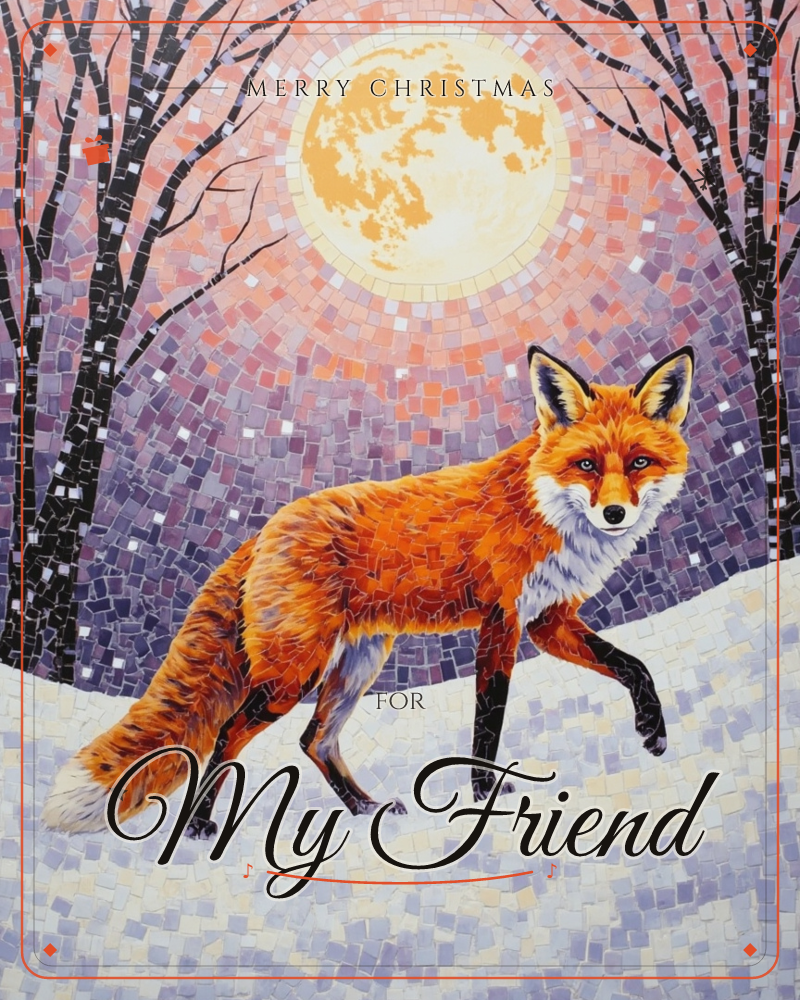 A red fox strides across a snowy slope beneath a huge glowing full moon, its whole coat and the surrounding woods rendered as a mosaic of small…, a christmas e-card design