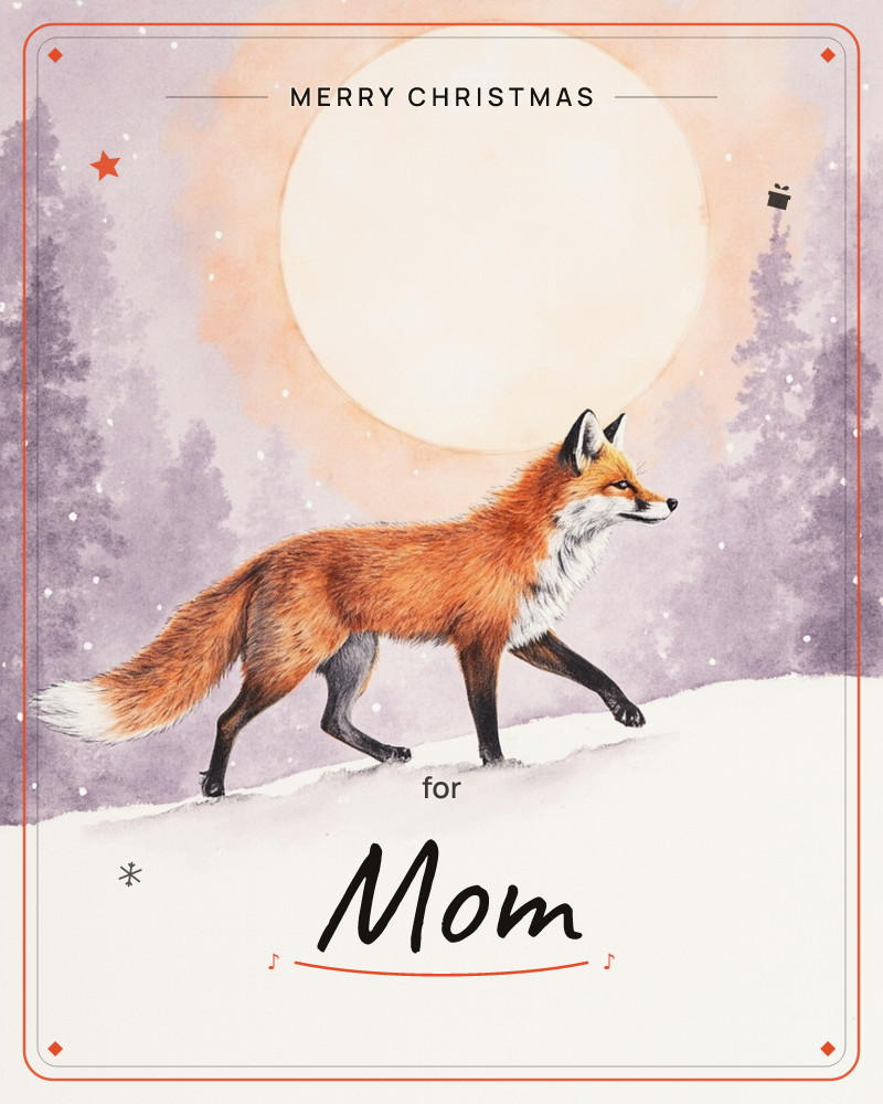 A red fox trots across a snowy ridge beneath a huge glowing moon, its fur rendered in warm rust and cream against a hazy violet forest of pines, a christmas e-card design