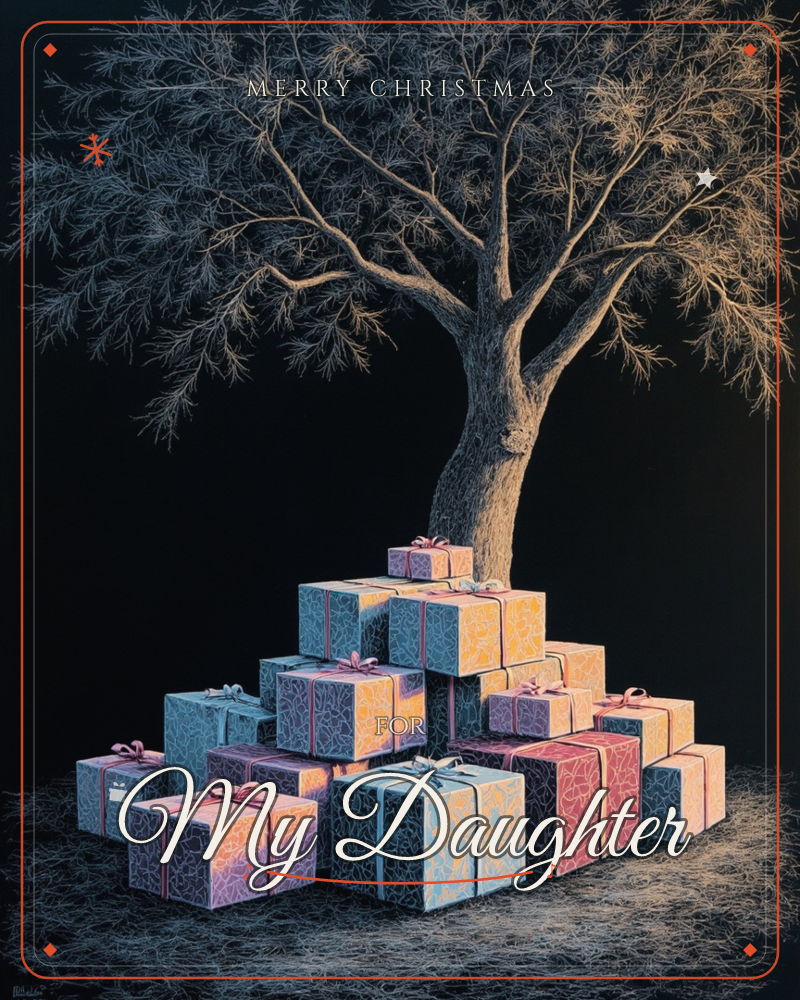 A bare, gnarled tree glows softly against pitch darkness, its branches spreading wide above a towering pile of wrapped gifts stacked at its base, a christmas e-card design