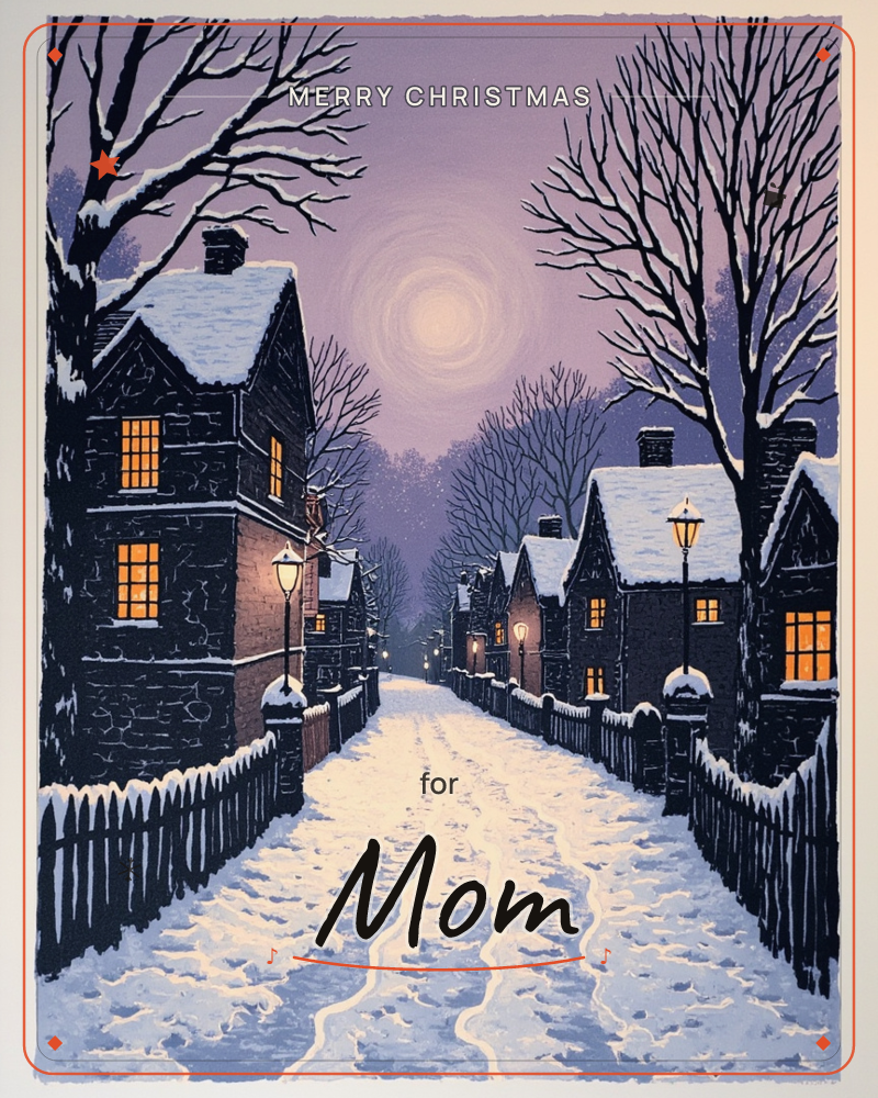 A snow-covered village lane stretches beneath bare, twisting trees, flanked by stone cottages with glowing amber windows, a christmas e-card design