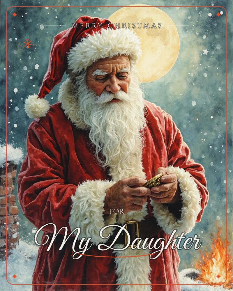 Santa Claus stands beside a snowy chimney under a huge glowing full moon, snowflakes drifting through the night air, a christmas e-card design