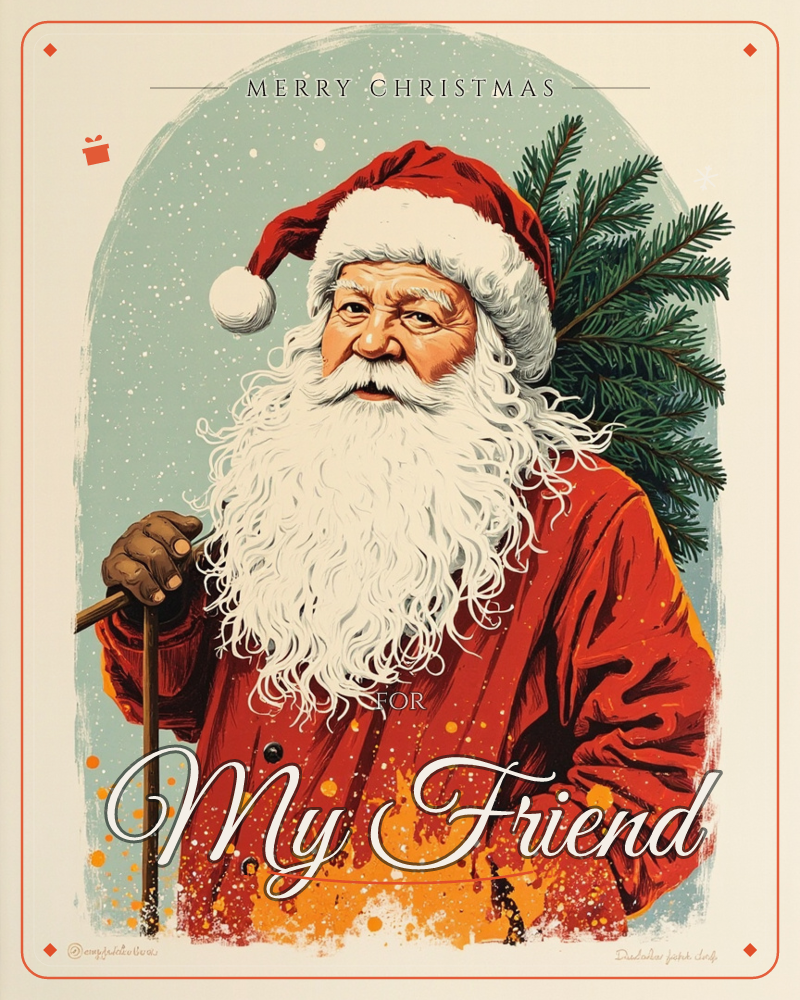 A weathered Santa Claus stands within a soft arched frame, snow falling behind him against a muted teal sky, a pine bough slung over one shoulder and a…, a christmas e-card design