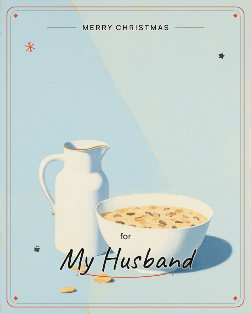 A white ceramic milk jug and a bowl of cereal sit side by side on a pale blue tabletop, with a diagonal wedge of deeper blue shadow cutting across the…, a christmas e-card design