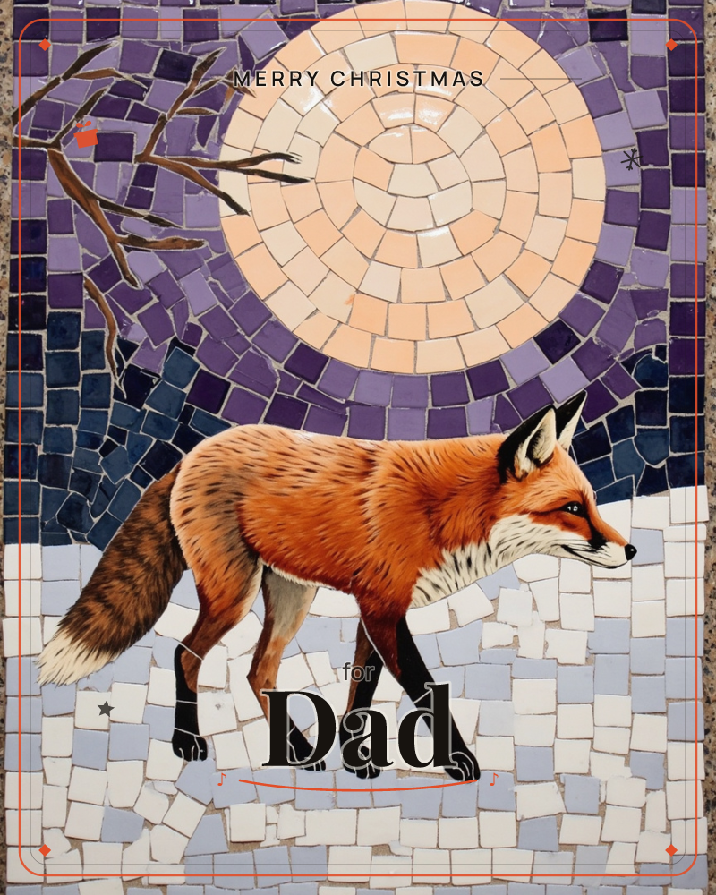 A red fox is depicted mid-stride across a snowy ground, rendered in a mosaic style of small tessellated tiles in deep purples and blues, with a large…, a christmas e-card design
