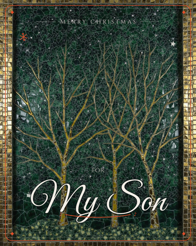 A mosaic-style panel shows three bare gold-branched trees standing against a cracked emerald backdrop scattered with tiny white stars, the whole image…, a christmas e-card design