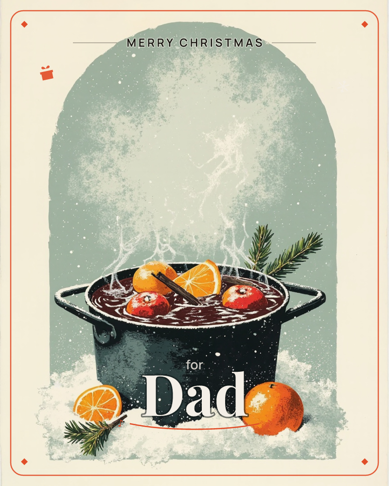 A dark pot of mulled wine sits in a snowbank inside an arched window frame, steam curling upward with orange slices, an apple, and a cinnamon stick…, a christmas e-card design