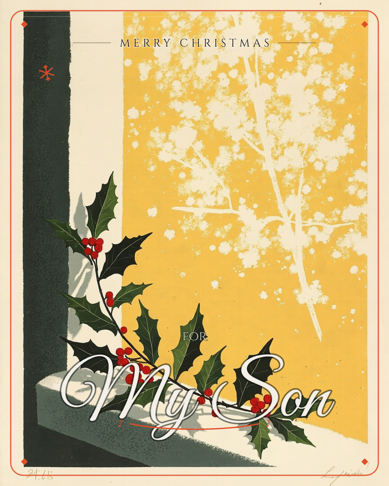 A sprig of holly with glossy dark leaves and clusters of red berries rests on a stone ledge beside a dark green pillar, a christmas e-card design