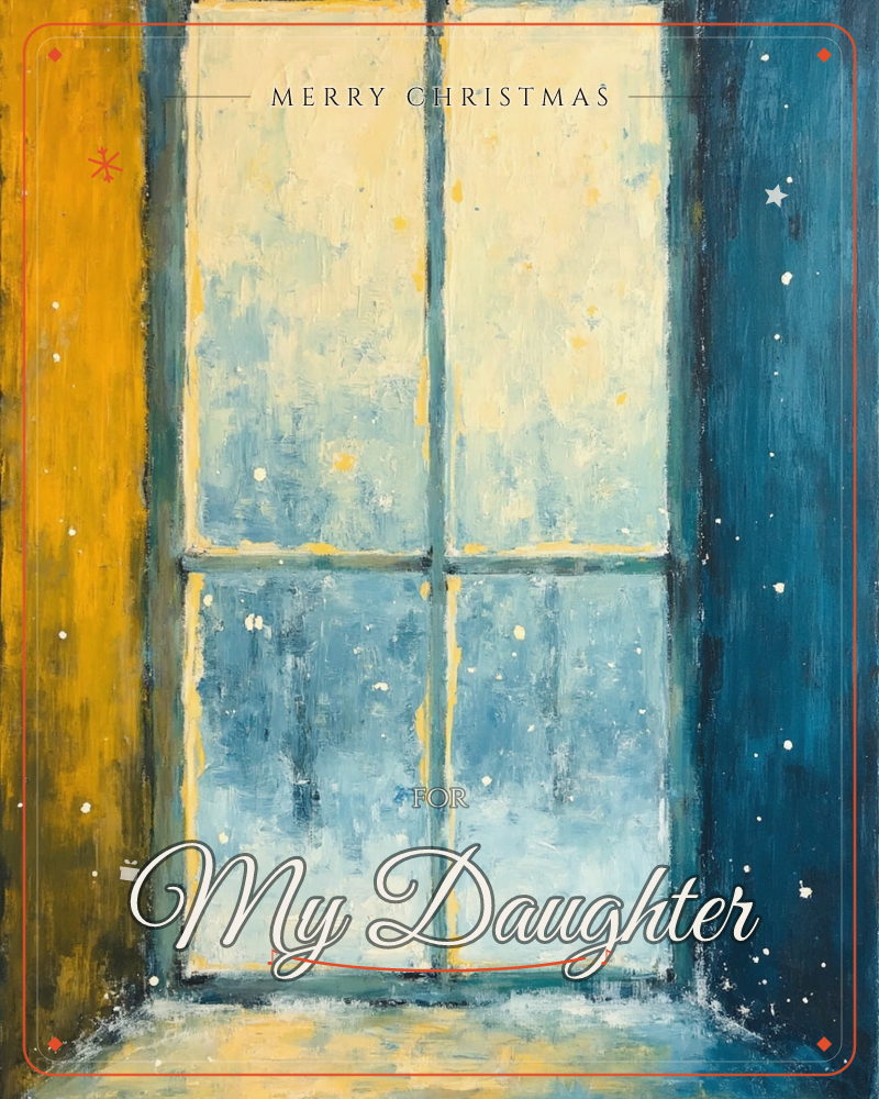 A tall four-paned window glows softly at the centre of the painting, its glass a mist of pale cream and blue as if lit from beyond by early morning or…, a christmas e-card design