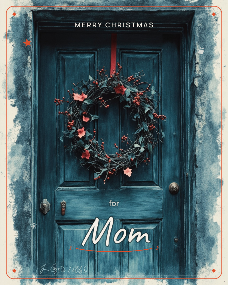 A weathered navy-blue paneled door holds a rustic wreath of twigs, dark leaves, and clustered red berries, tied with a red ribbon that trails down like…, a christmas e-card design