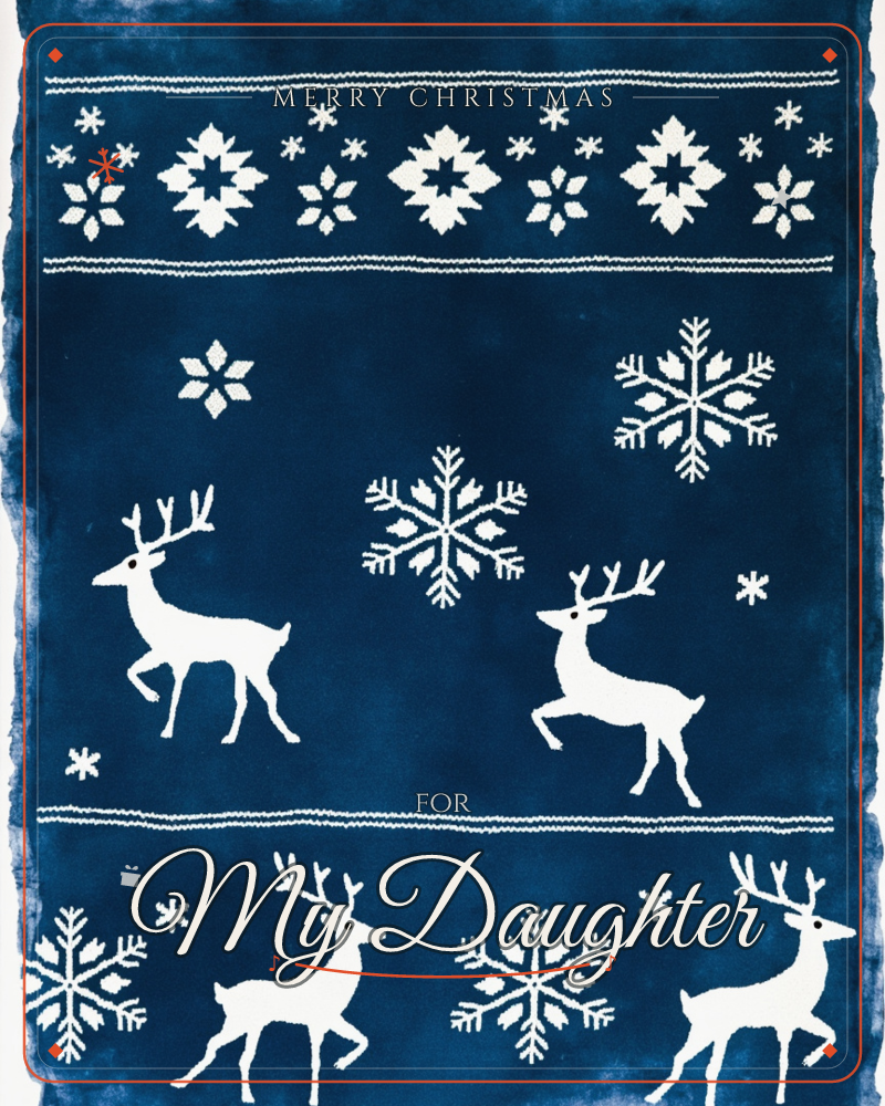 A navy blue card styled like a knitted holiday sweater, with white stitched borders framing bounding reindeer and scattered snowflakes, a christmas e-card design