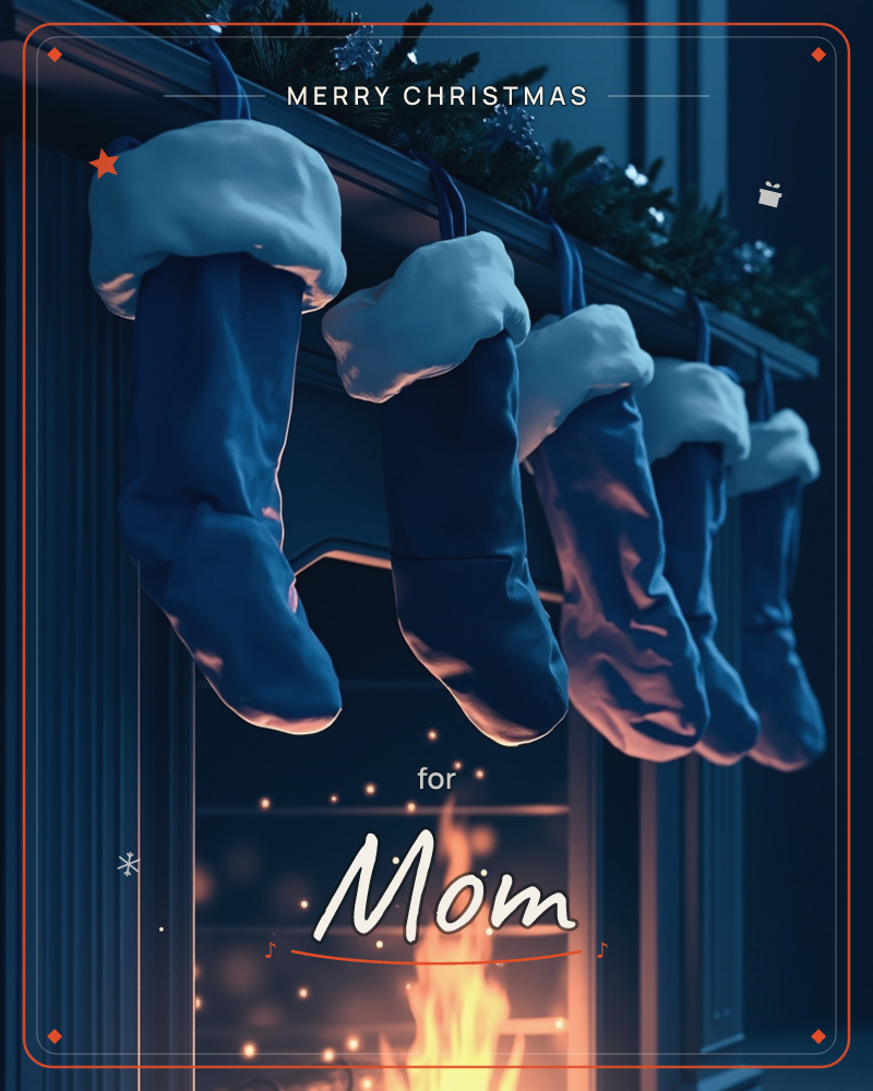 Five navy stockings with plush white cuffs hang in a row from a mantel, lit by the warm glow of a fireplace below, a christmas e-card design