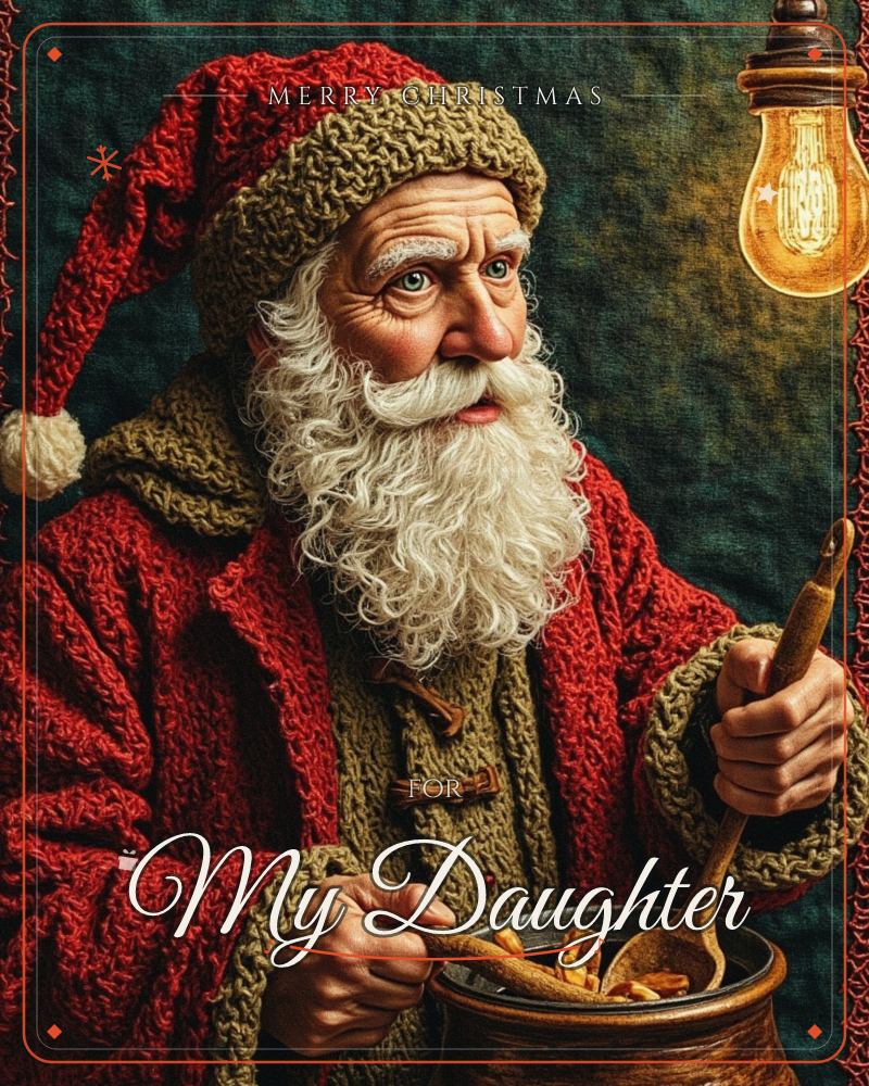 A close-up portrait of Santa in a chunky knitted red and olive hat and coat, his thick white beard catching the warm glow of a bare filament bulb…, a christmas e-card design