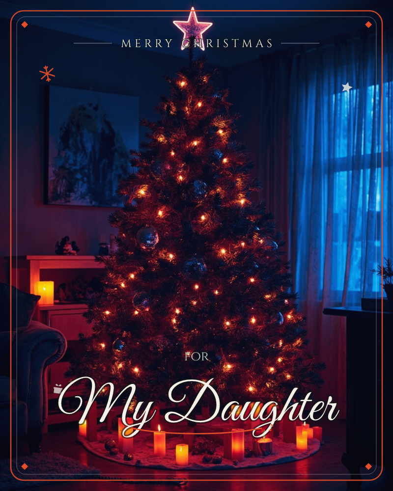 A darkened living room glows around a Christmas tree lit with warm amber bulbs and topped with a glowing red star, a christmas e-card design