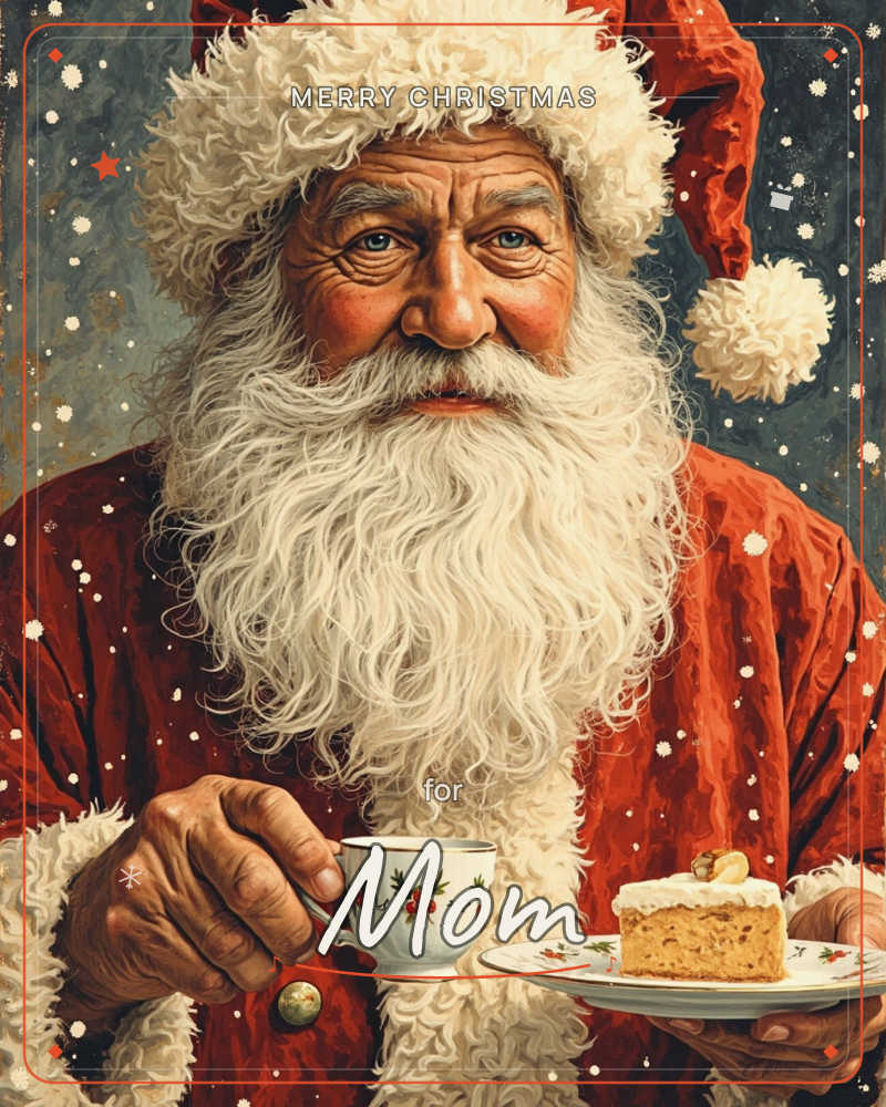 A close-up portrait of Santa Claus in his red velvet coat and fur-trimmed hat, snow falling softly against a dusky teal-blue background, a christmas e-card design
