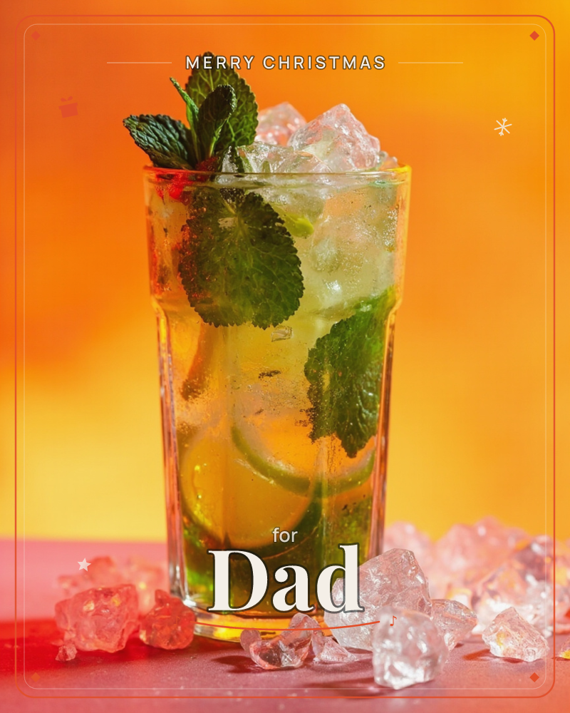 A tall glass mojito sits packed with crushed ice, lime wheels, and a sprig of fresh mint against a glowing orange background, a christmas e-card design