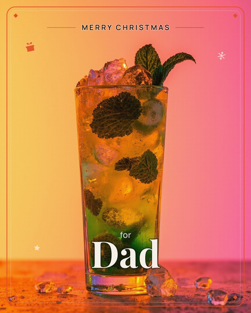 A tall glass of a mojito-style cocktail sits crammed with crushed ice, lime wedges and mint leaves pressed against the glass, topped with a fresh mint…, a christmas e-card design