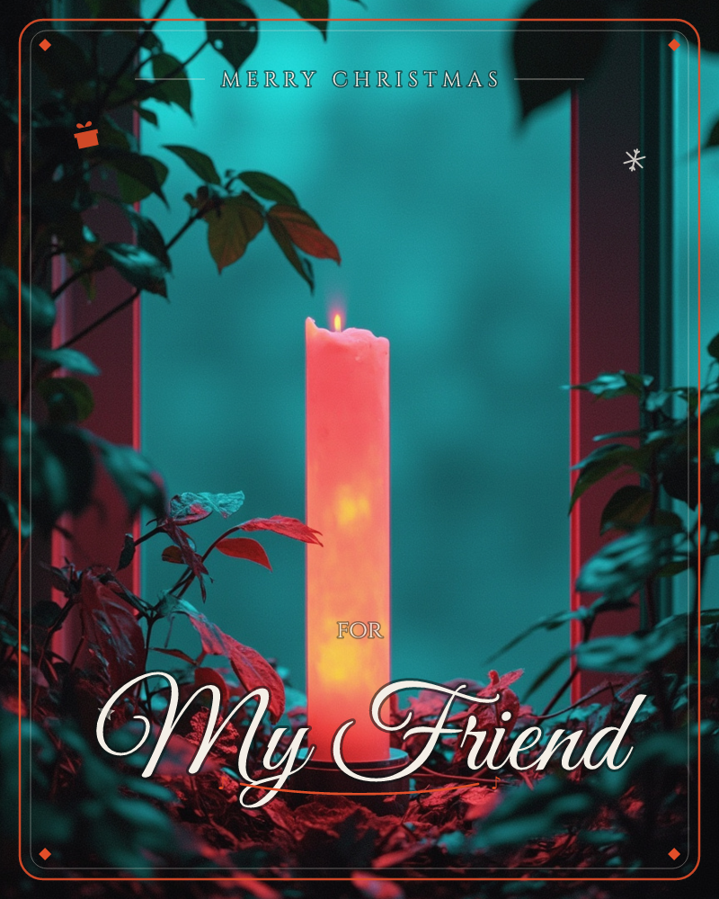 A tall pillar candle burns bright at the centre of the frame, its warm glow lighting the leaves and stems crowded around its base, a christmas e-card design
