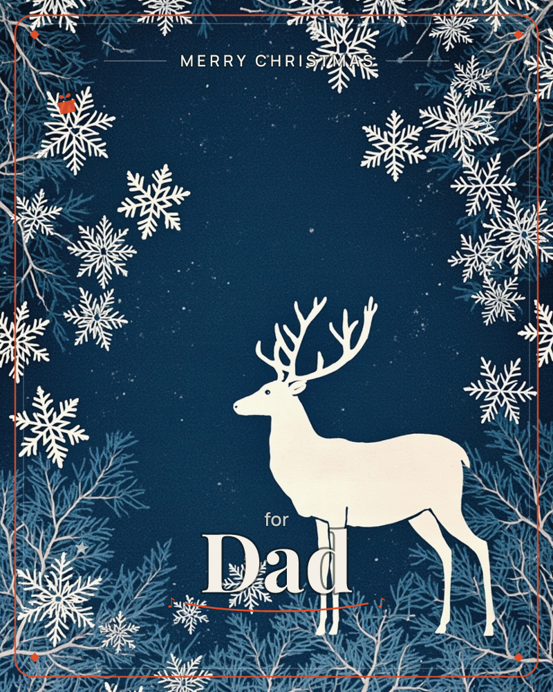 A pale cream stag with tall branching antlers stands in profile against a deep midnight-blue night sky, framed by frosted pine branches and scattered…, a christmas e-card design
