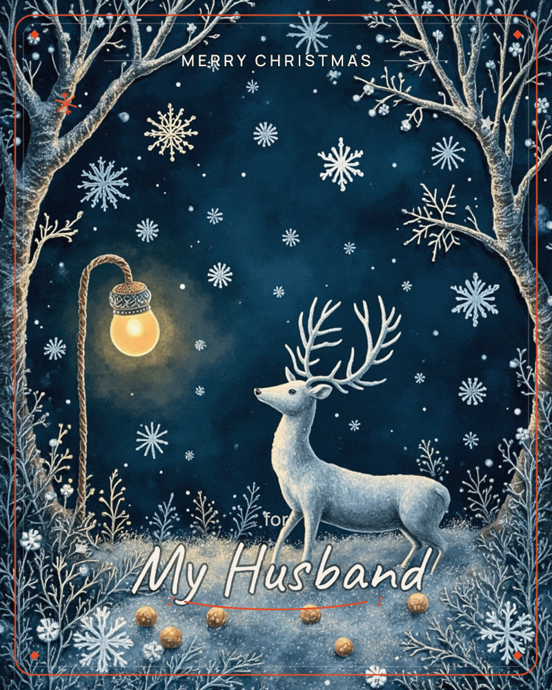A pale antlered stag stands in a midnight-blue forest clearing, framed by two bare, frosted trees arching overhead, a christmas e-card design