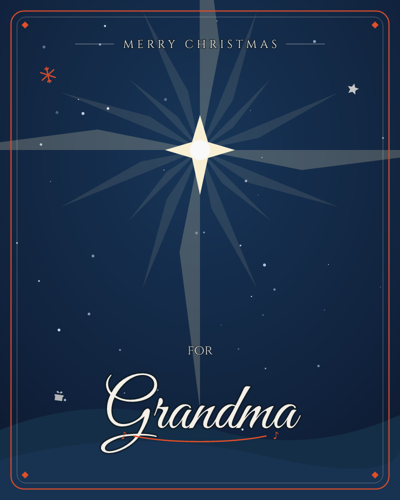A large four-pointed star burns bright at the centre of a deep midnight-blue sky, its long rays fanning out in muted grey-blue beams over a scattering…, a christmas e-card design by @DittyCityTeam
