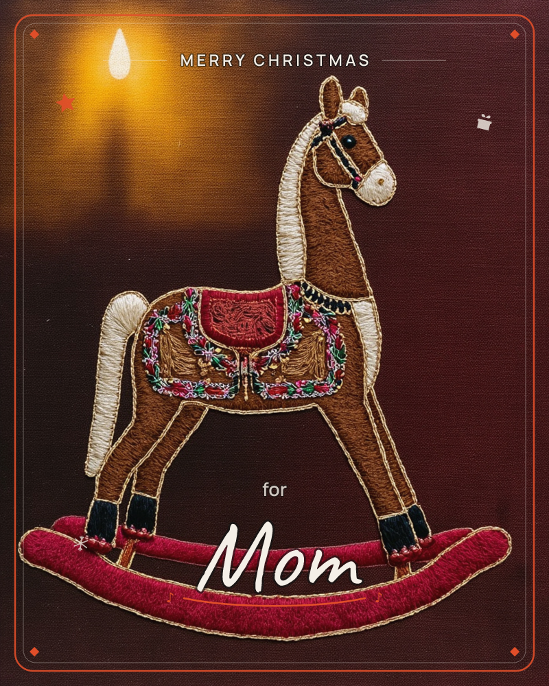 An embroidered rocking horse in warm brown thread stands against a deep maroon background, its red felt saddle trimmed with tiny floral stitching and…, a christmas e-card design