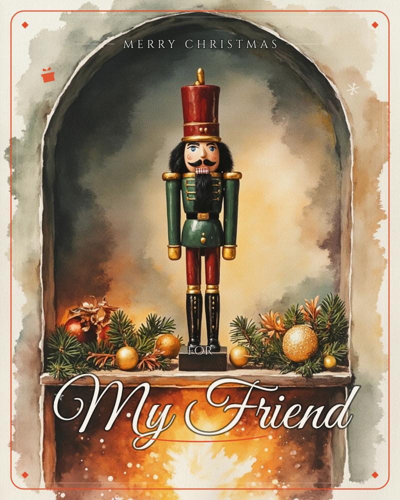 A traditional wooden nutcracker in a red hat and green coat stands guard in a stone alcove above a glowing fireplace, a christmas e-card design