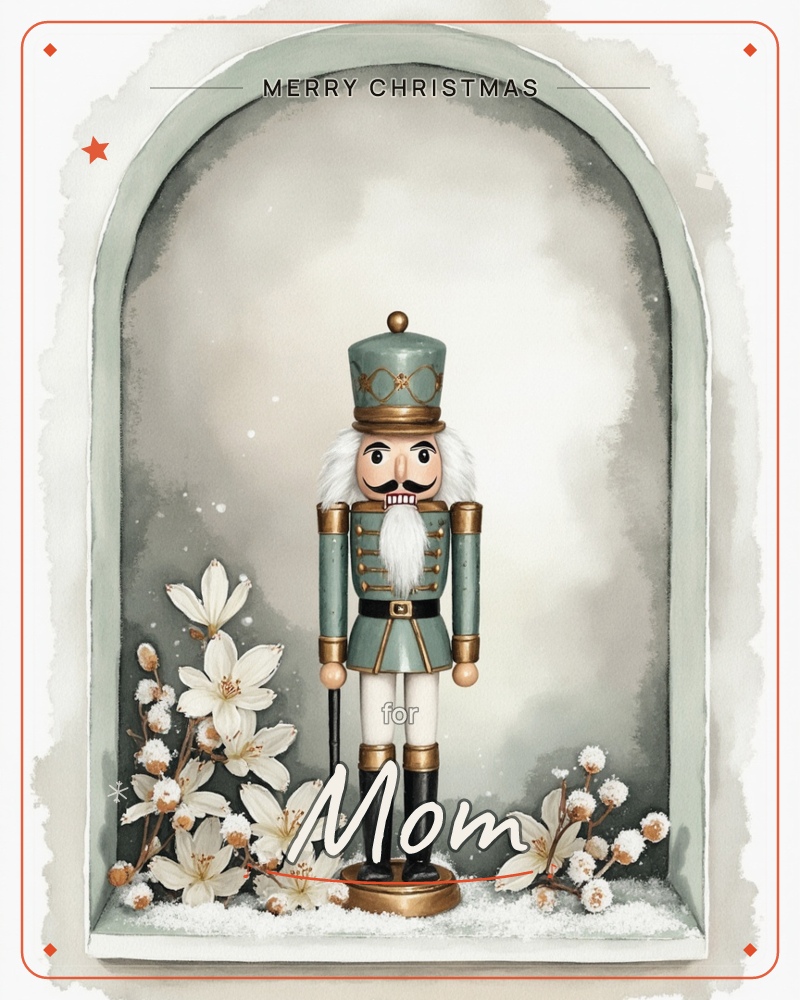 A classic nutcracker figure in sage green and gold stands inside a soft arched niche, framed by sprigs of white winter blossom dusted with snow, a christmas e-card design