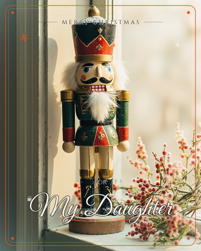 A traditional wooden nutcracker in a green, red and gold uniform stands on a sunlit windowsill, his white moustache and beard catching a dusting of…, a christmas e-card design