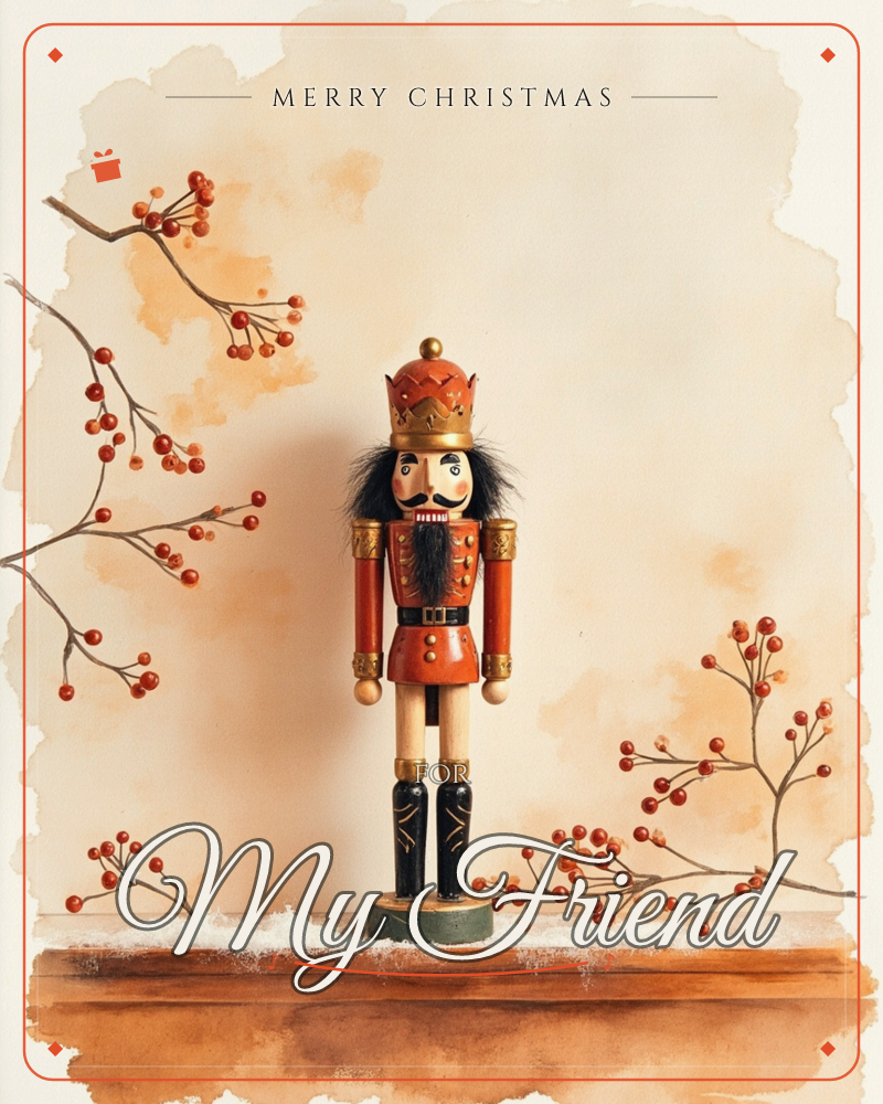 A traditional wooden nutcracker in a red and gold uniform and crown stands on a snow-dusted wooden shelf, flanked by bare branches strung with red berries, a christmas e-card design