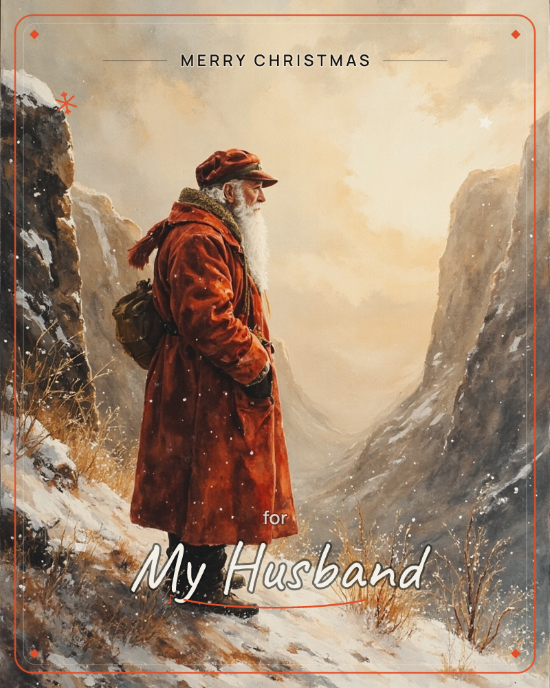 A white-bearded traveler in a long red coat and cap stands on a snowy mountain ledge, pack slung over his shoulder, gazing down into a golden…, a christmas e-card design