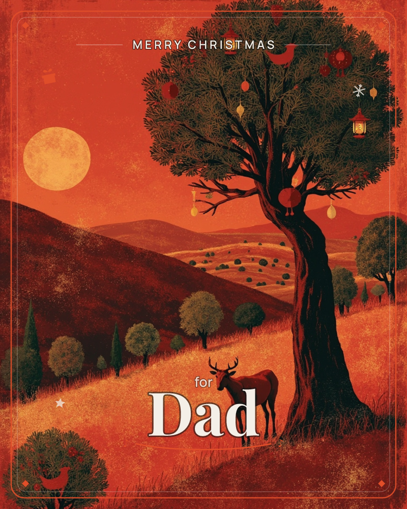A stag stands beneath a tall, gnarled tree hung with lanterns, ornaments and a perched red bird, set against a glowing orange dusk with a pale moon…, a christmas e-card design