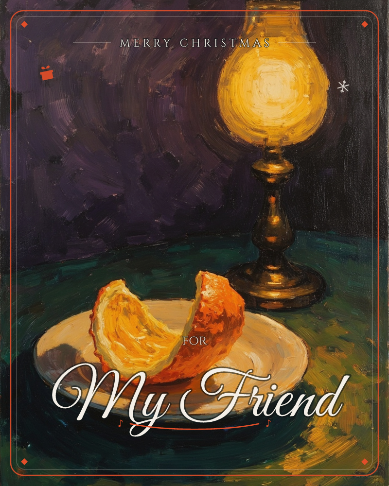 A still life shows a single wedge of orange peel curling on a white plate, lit by the warm glow of an old-fashioned lamp beside it, a christmas e-card design