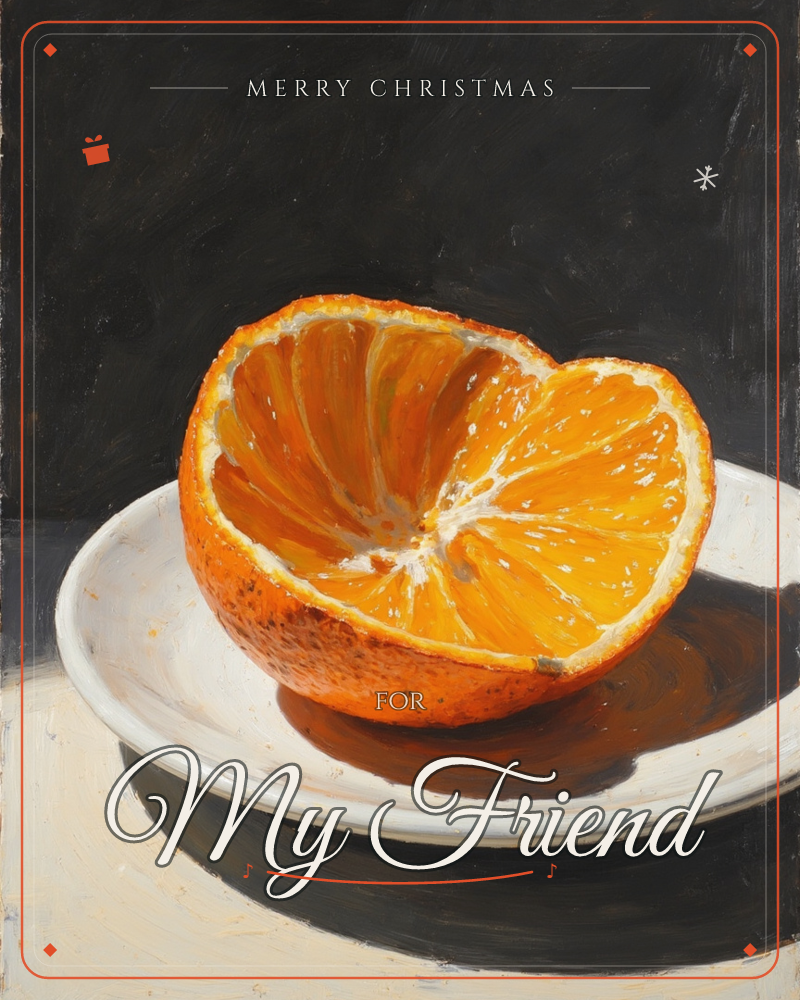 A halved orange sits cut-side up on a plain white plate, its segments glowing bright against a deep charcoal background, a christmas e-card design