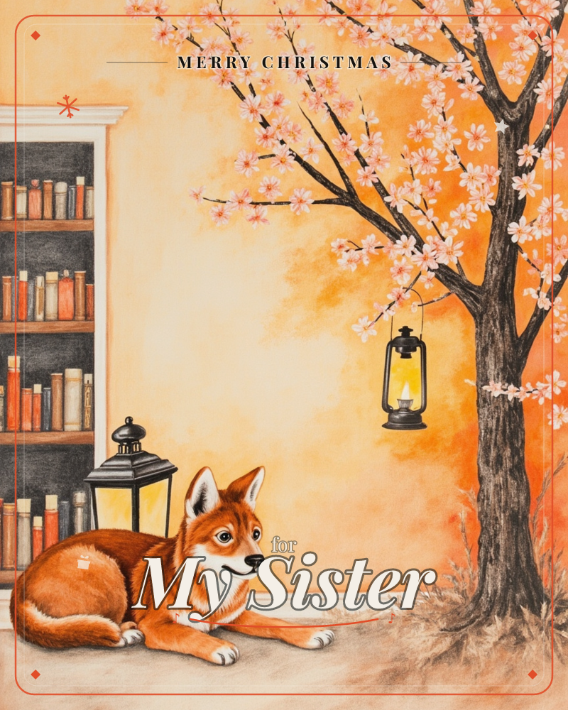 A shiba-like dog lies curled on the floor beside a bookshelf, while a blossom tree grows indoors against a warm orange wall, its branches hung with two…, a christmas e-card design