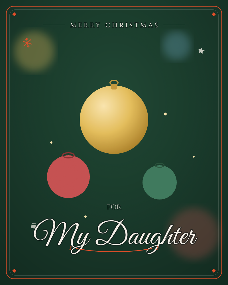 Three glossy baubles float against a deep forest-green backdrop, a large gold one taking centre stage above a red and a smaller green sphere, a christmas e-card design by @DittyCityTeam