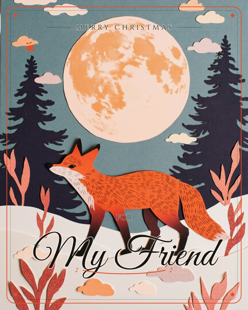 A layered paper-cut fox walks through a snowy forest beneath a huge glowing moon, its fur rendered in fine textured lines against dark silhouetted pine…, a christmas e-card design