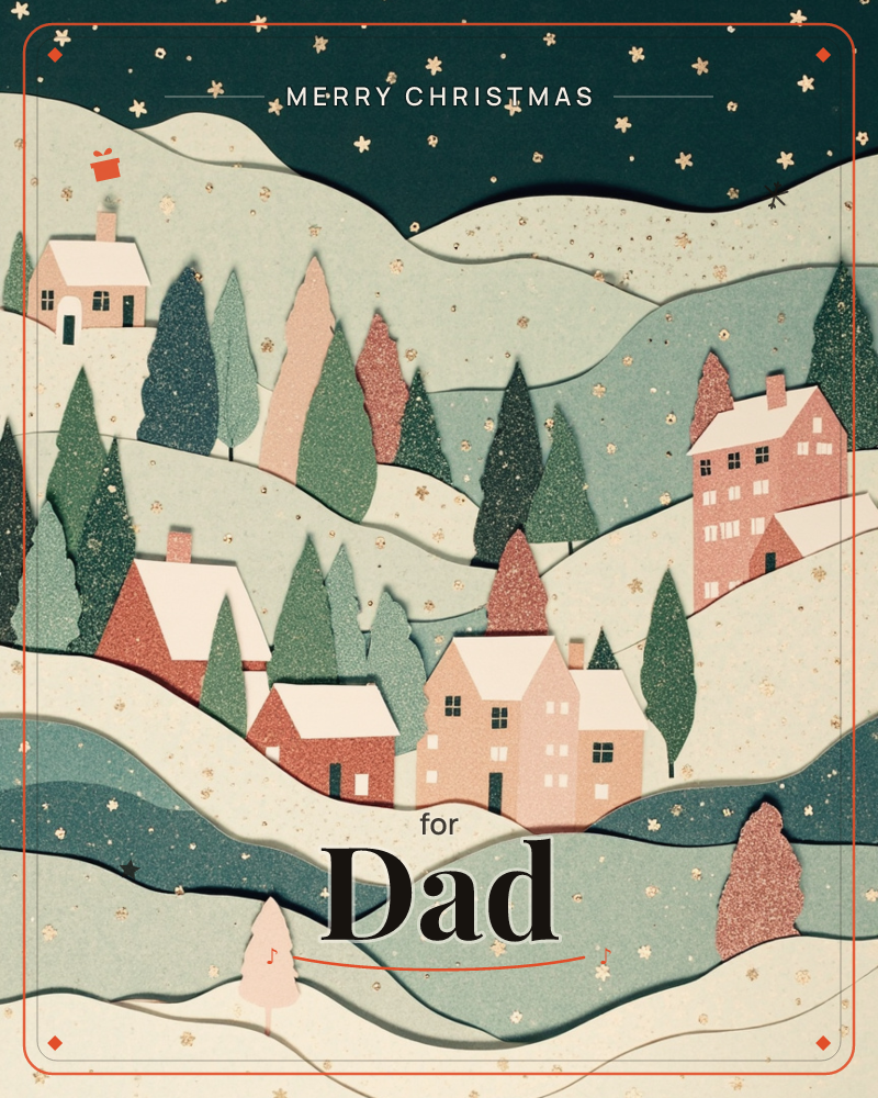 A layered paper-cut village rests among snowy rolling hills at night, with pink and terracotta cottages tucked between glittering pine trees, a christmas e-card design