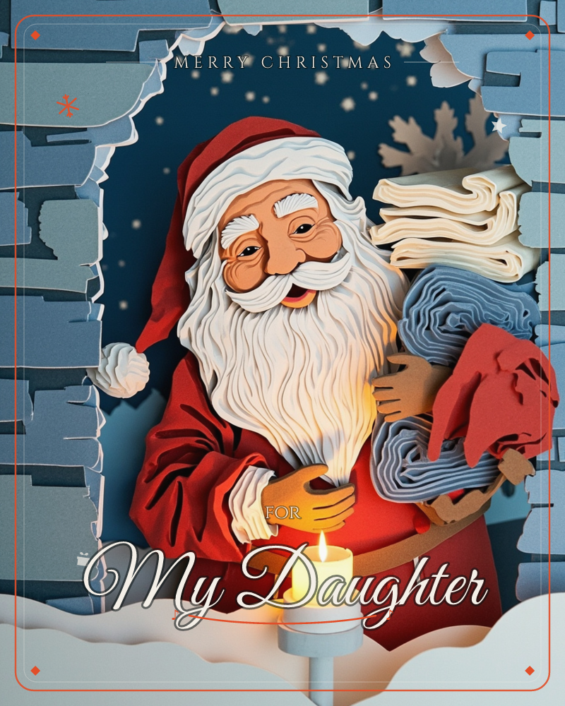 A paper-cut Santa Claus stands framed inside a jagged stone archway, cradling a bundle of rolled fabric and a red sack against his chest, a christmas e-card design
