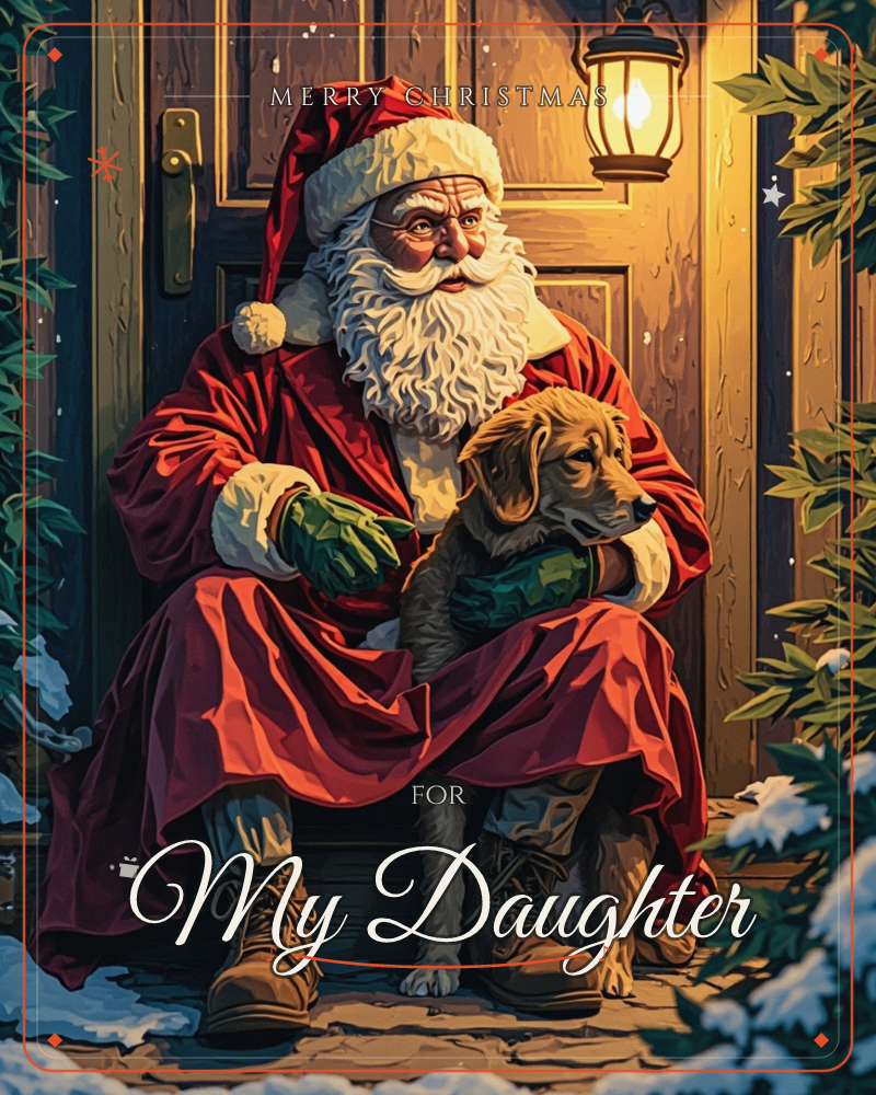 Santa sits on a wooden doorstep, cradling a golden dog against his red coat as a lantern glows warm overhead, a christmas e-card design